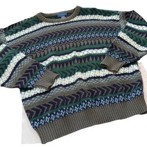 Towncraft 90s Green Gray Blue Sweater Geometric Cosby Coogi Acrylic Wool Mens Lg